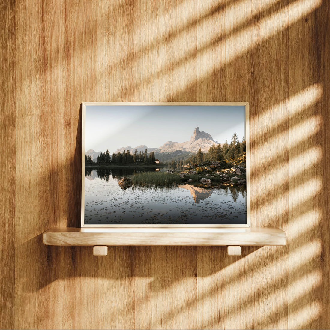 Scenic sunset art print of Lago di Federa, with warm light reflecting off the peaceful alpine lake.
