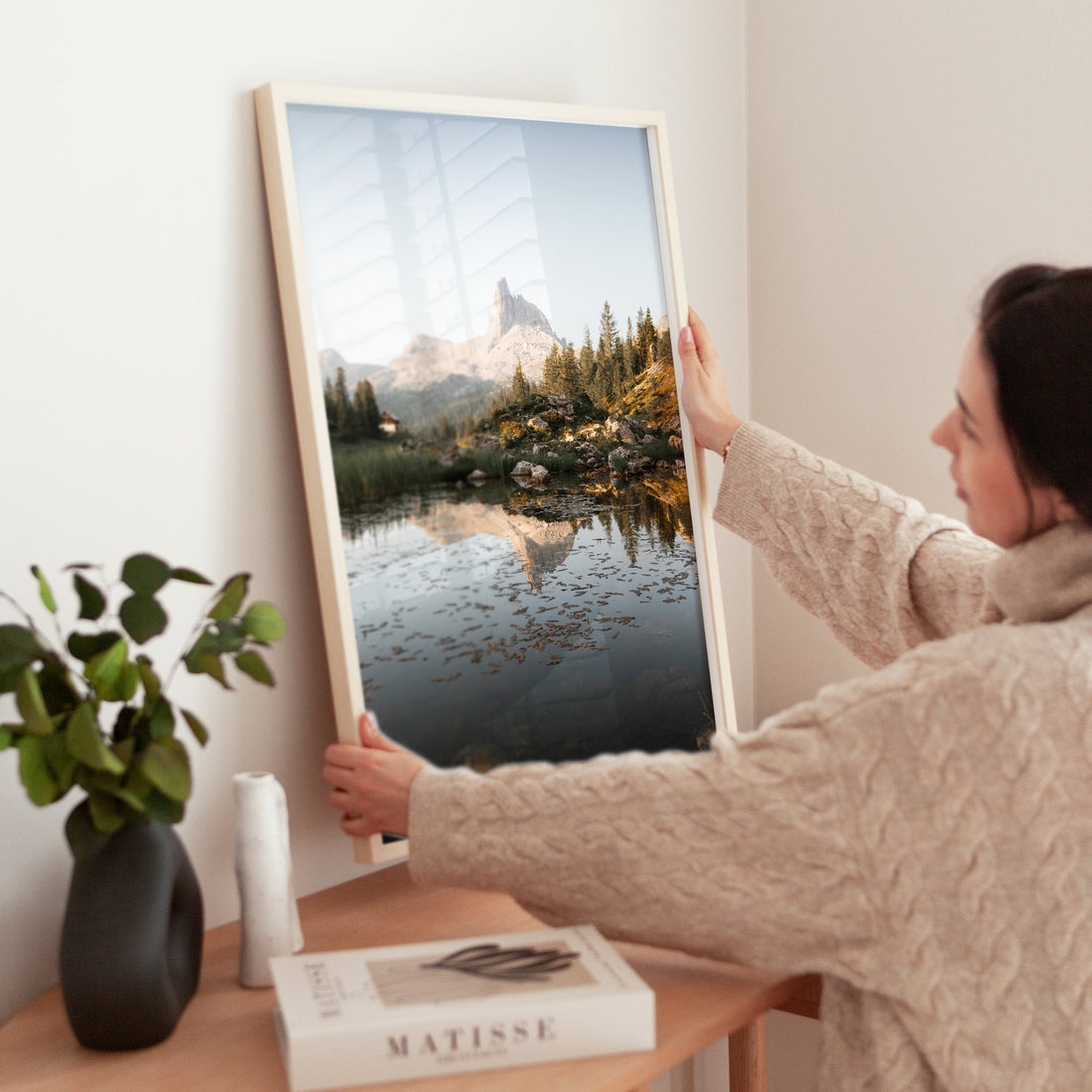 Wall decor print of Lago di Federa, capturing alpine serenity with mirrored mountain peaks and gentle light.