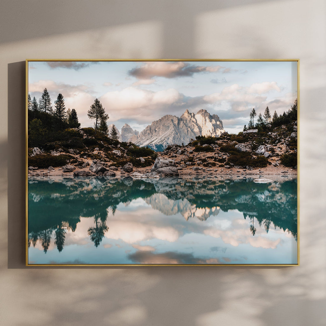 Fine art landscape print of Lago di Sorapis with a turquoise reflection and view of Tre Cime peaks in the Dolomites.
