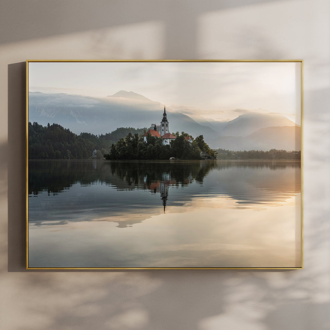 Lake Bled sunrise landscape wall art with soft golden tones