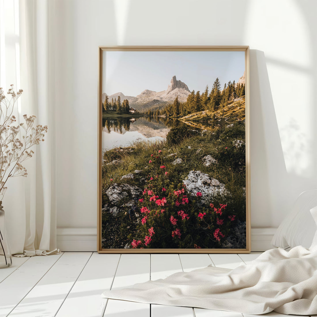 Nature photography print of Lago di Federa framed in bright room with floor light