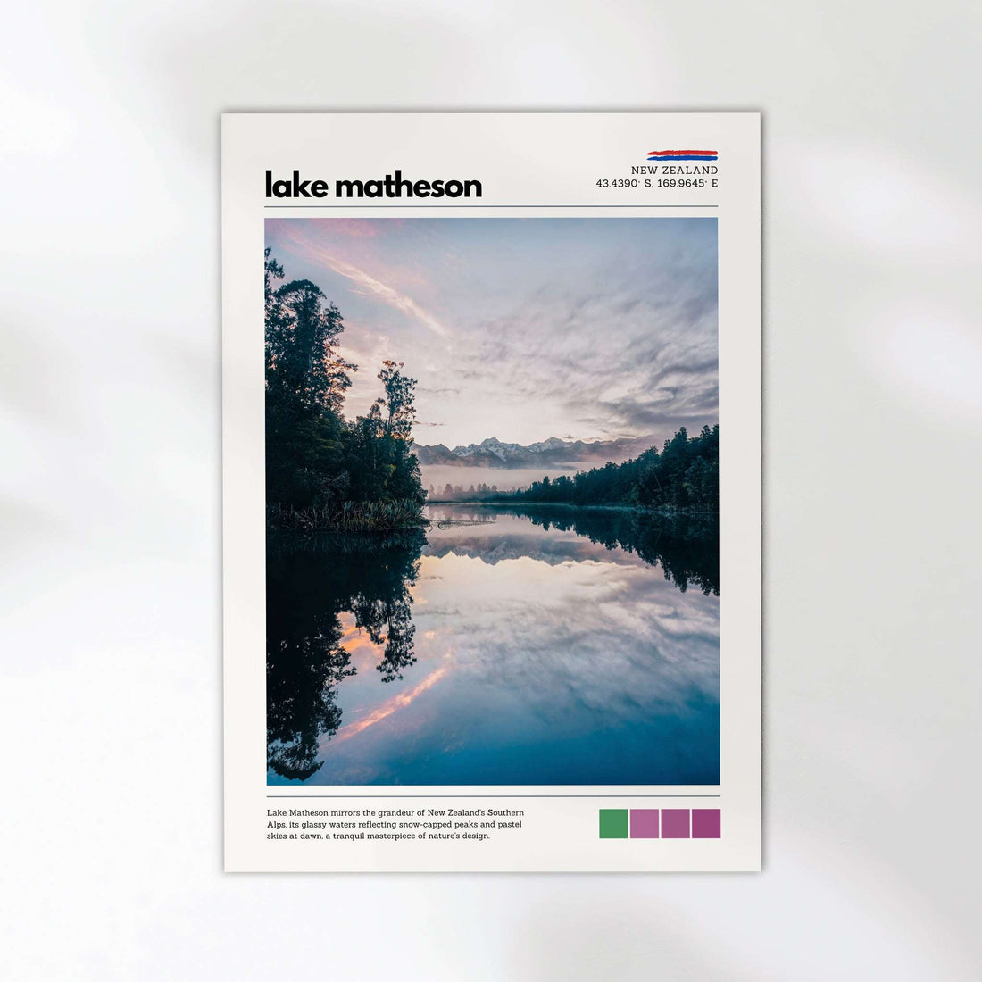 Lake Matheson landscape poster with calm morning reflections and pastel sky