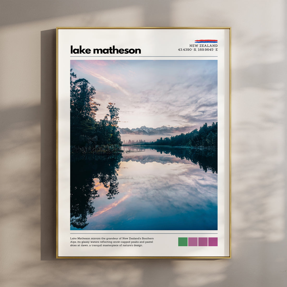 Lake Matheson wall art print featuring dawn reflections of New Zealand’s Southern Alps