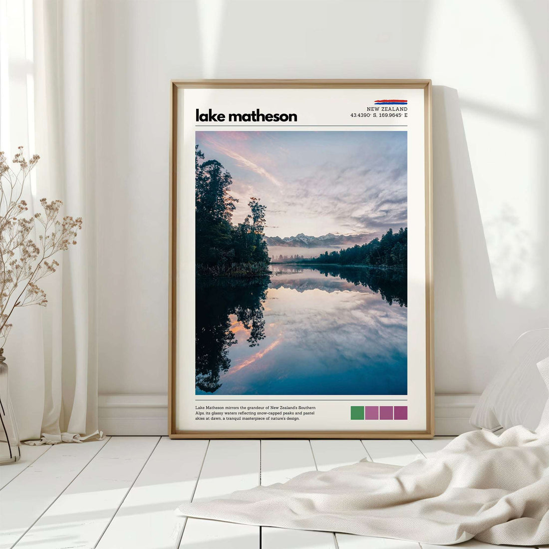 Lake Matheson wall art print styled in a calm bedroom setting