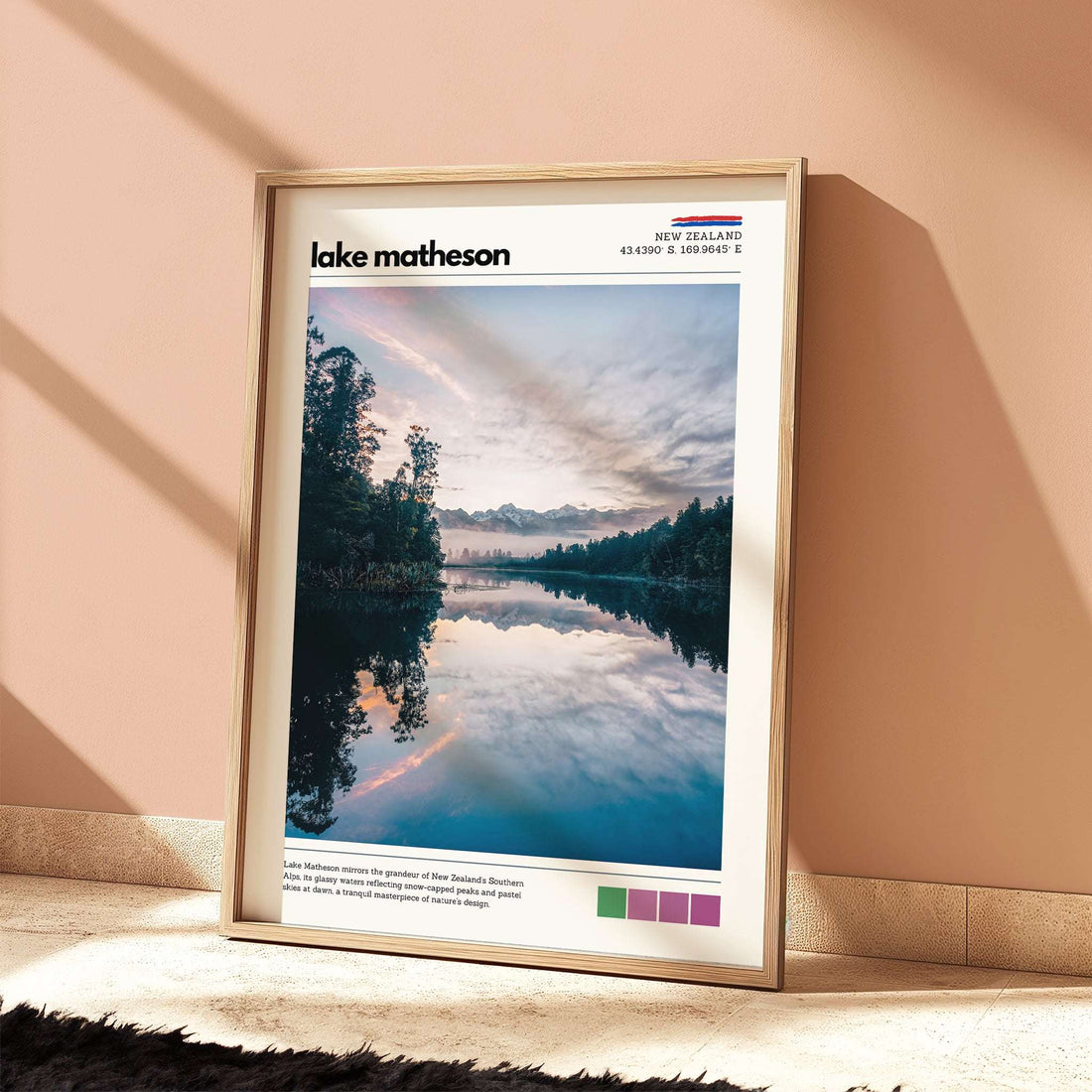 Lake Matheson wall art print styled in a modern interior space