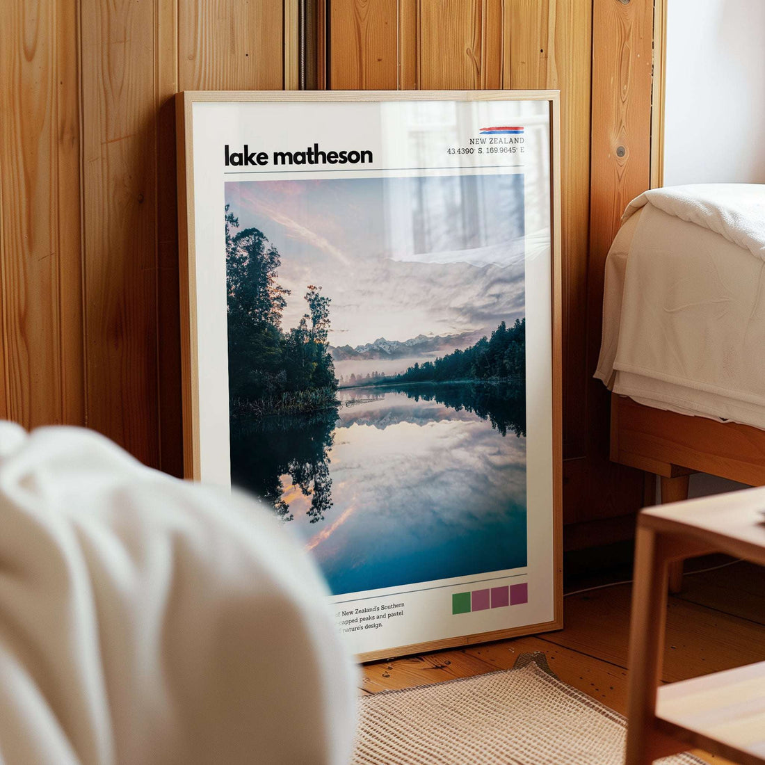 Lake Matheson wall art print shown in soft natural daylight