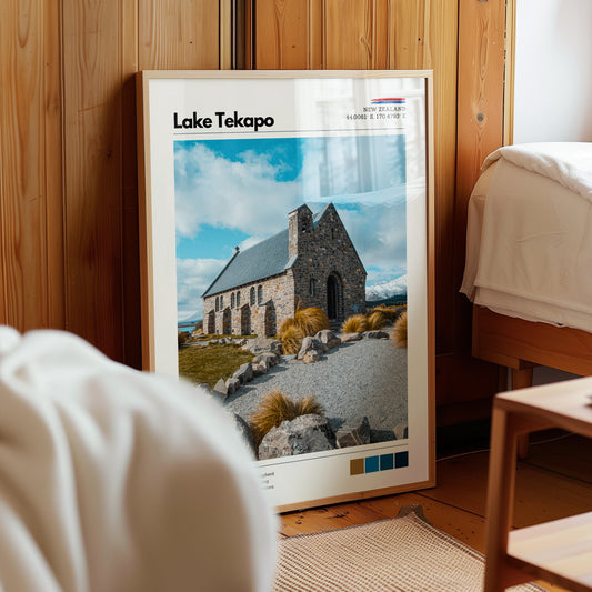 Lake Tekapo Church of the Good Shepherd print styled in a warm bedroom interior