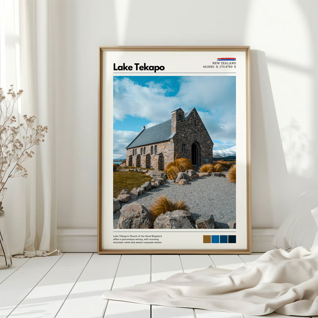 Lake Tekapo wall art print of the Church of the Good Shepherd in a bright modern interior