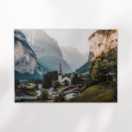 Stunning photography print of Lauterbrunnen Valley with towering cliffs and alpine charm in Switzerland.