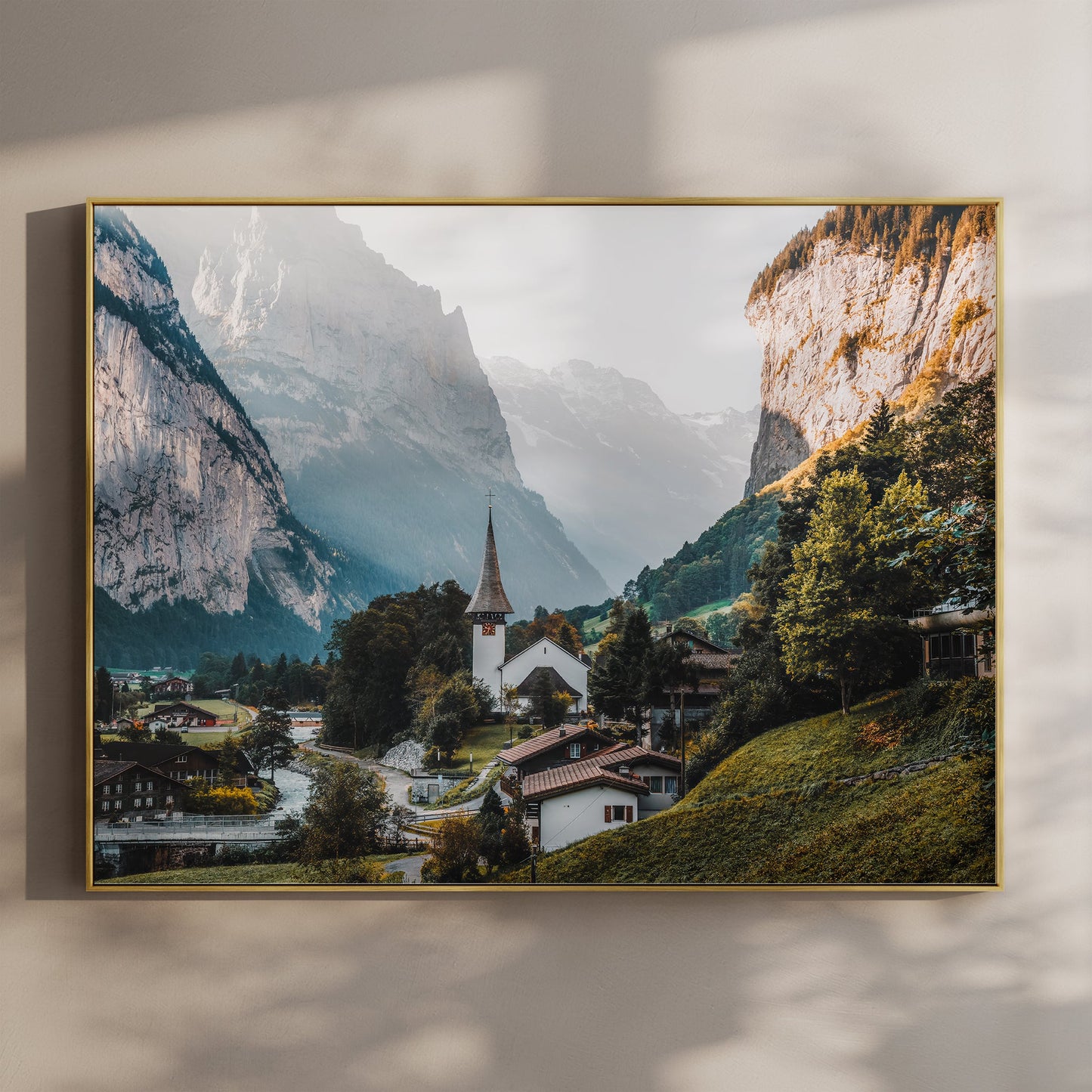 Breathtaking Lauterbrunnen wall art print featuring a charming village set against the dramatic Swiss Alps.