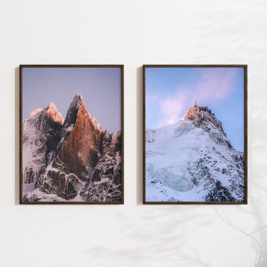 A pair of framed prints featuring Les Drus and Aiguille du Midi, perfect for nature lovers.