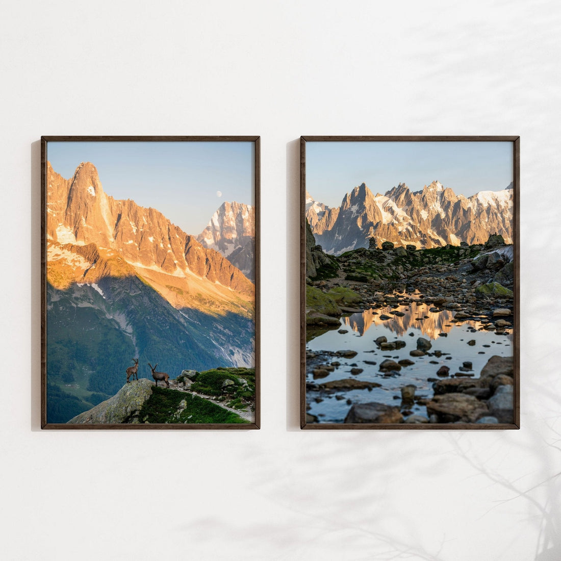 Reflection of Aiguilles de Chamonix in a mountain pond at sunrise, framed nature photography