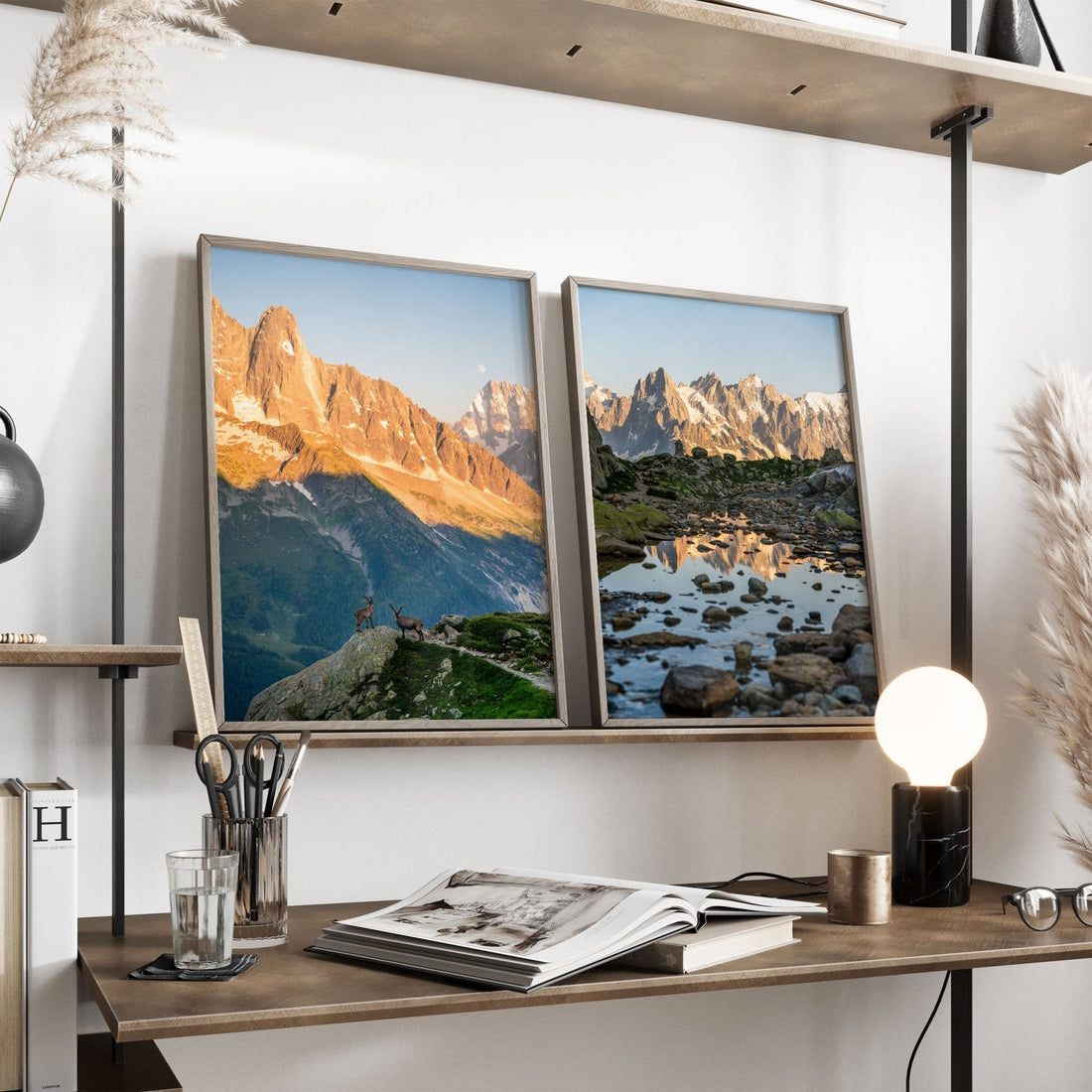 Shelf display of Les Drus and Aiguilles de Chamonix mountain art prints