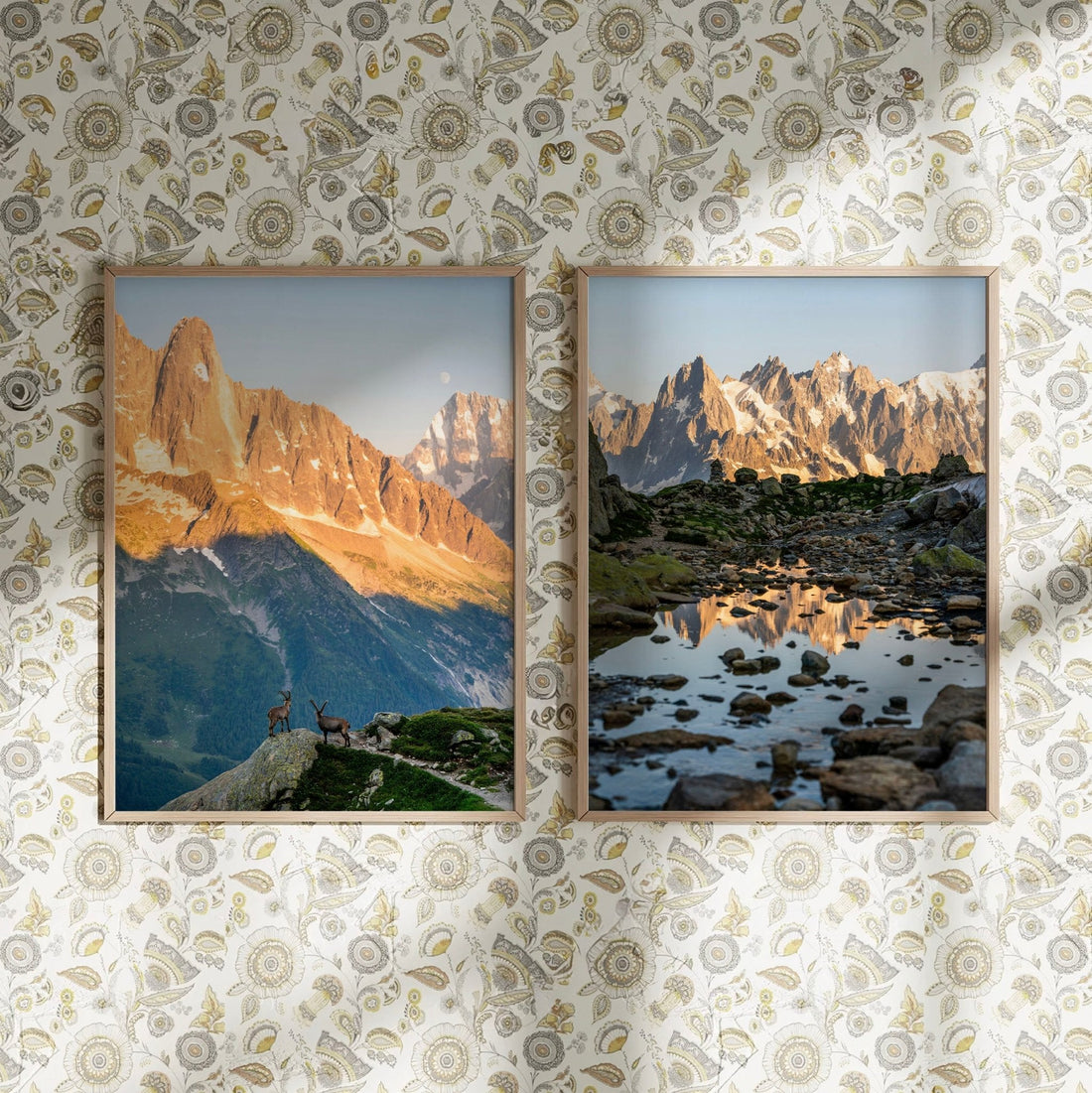 Framed Les Drus and Aiguilles de Chamonix prints with decorative wallpaper background