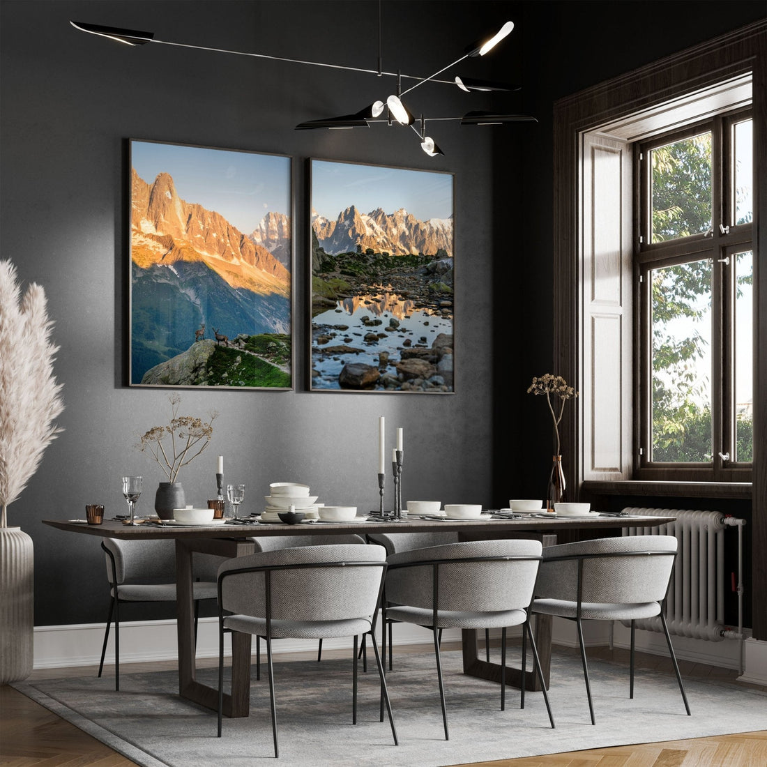 Modern dining room featuring Les Drus and Aiguilles de Chamonix wall art
