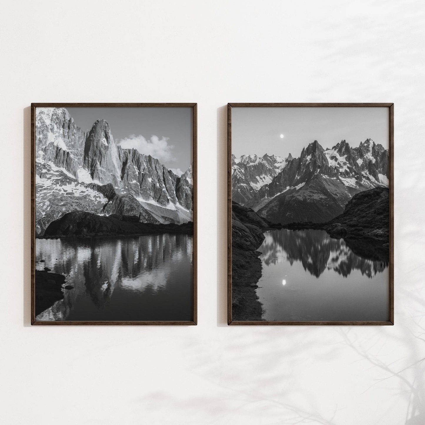 Scenic black and white shot of Lac de la Flégère with the Aiguilles de Chamonix in the distance