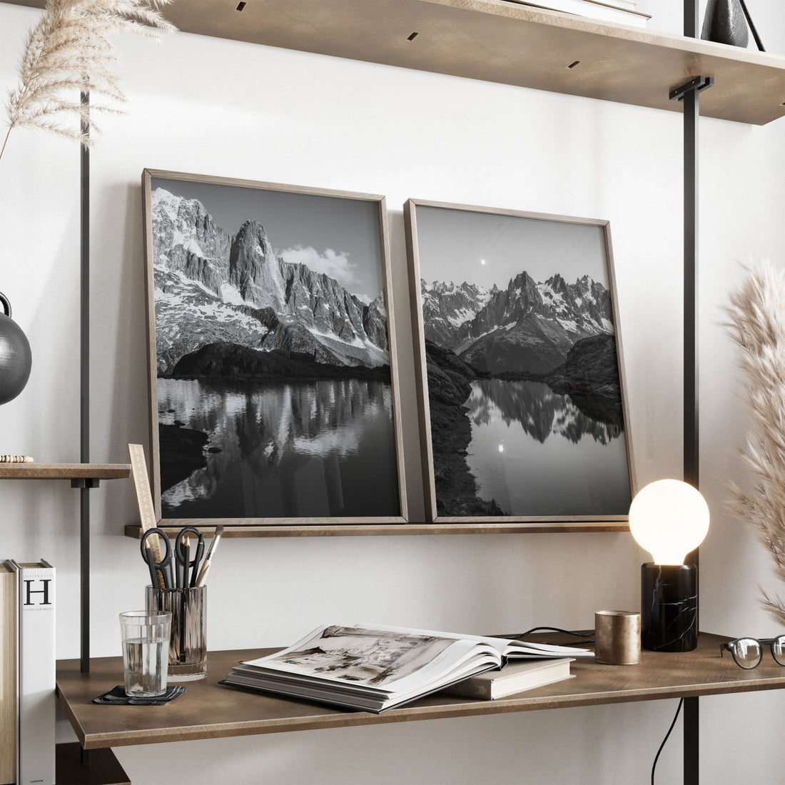 Elegant monochrome wall art featuring Les Drus and Lac de la Flégère, perfect for mountain lovers
