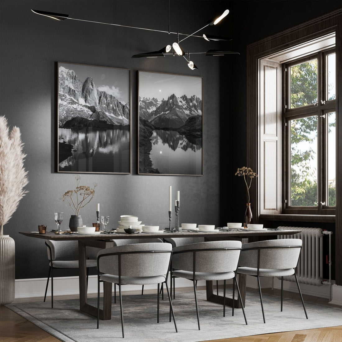 Minimalist mountain art print of Les Drus and Lac de la Flégère in monochrome tones