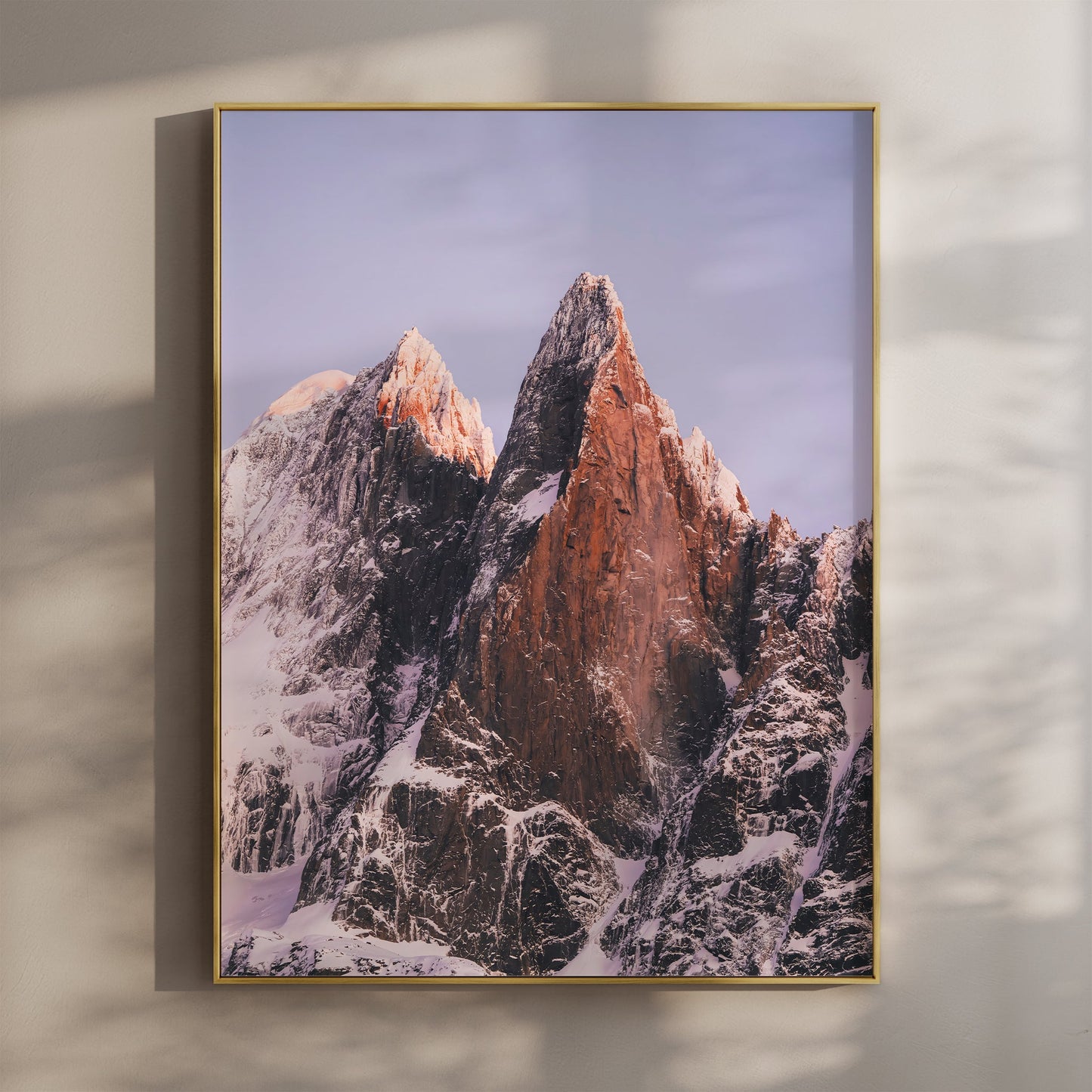Stunning fine art print of Les Drus mountain peaks in Chamonix, bathed in golden alpine light.