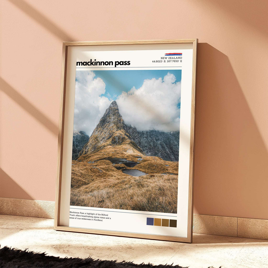 Mackinnon Pass wall art print styled on a shelf in a contemporary interior