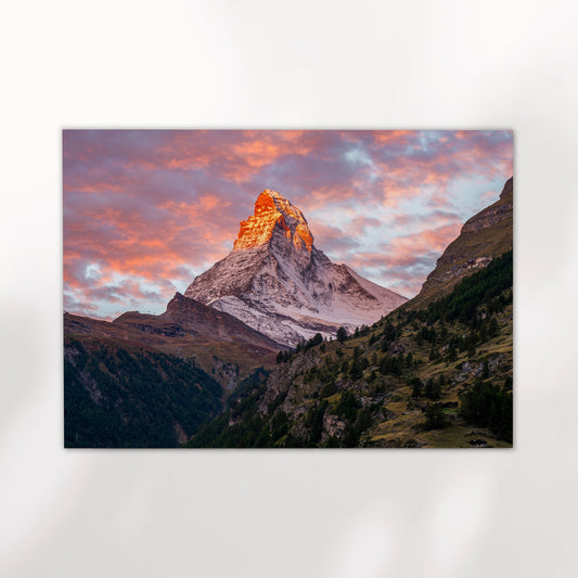 Fine art landscape print of the Matterhorn glowing at sunset in the heart of the Swiss Alps.