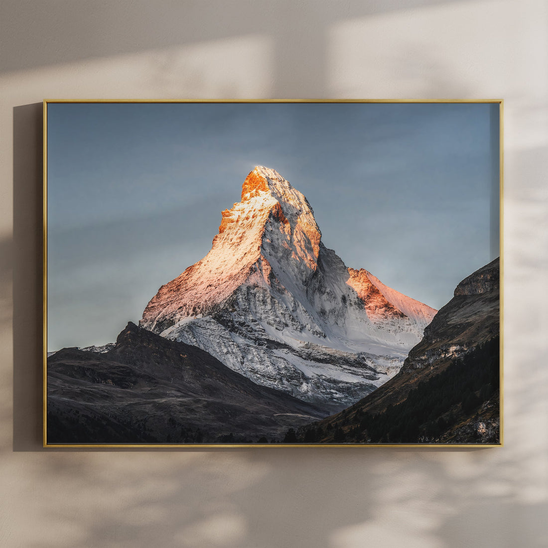 Stunning Matterhorn sunset wall art featuring golden light over the Swiss Alps.
