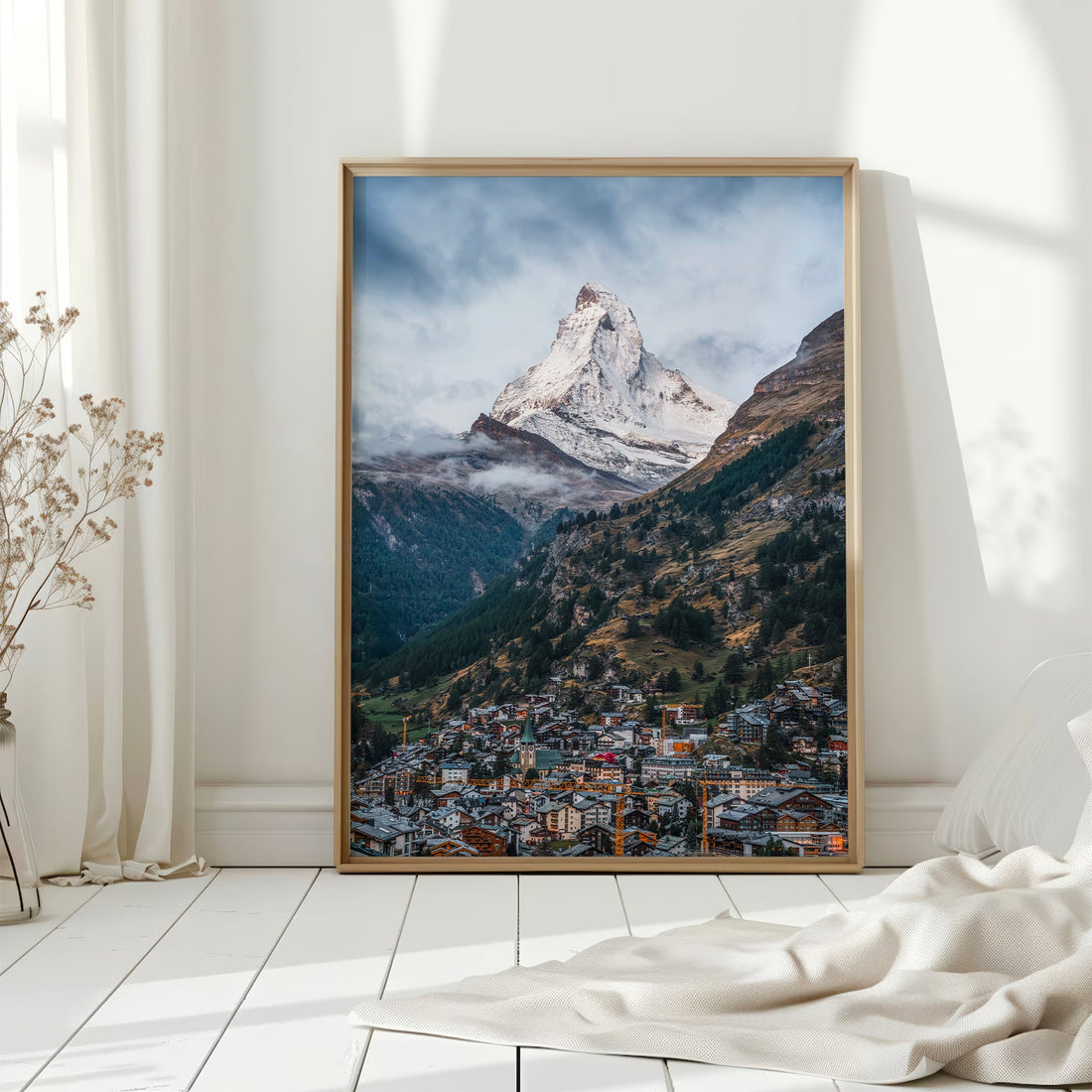 Zermatt village wall art with the Matterhorn on a moody alpine day.