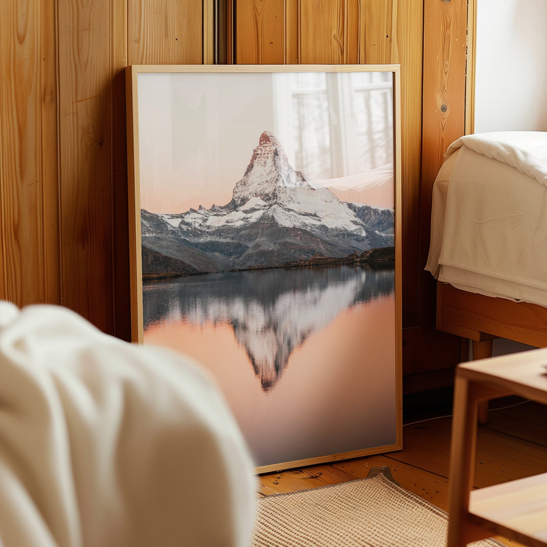 Breathtaking scenic landscape poster capturing the Matterhorn’s iconic peak over Stellisee lake.