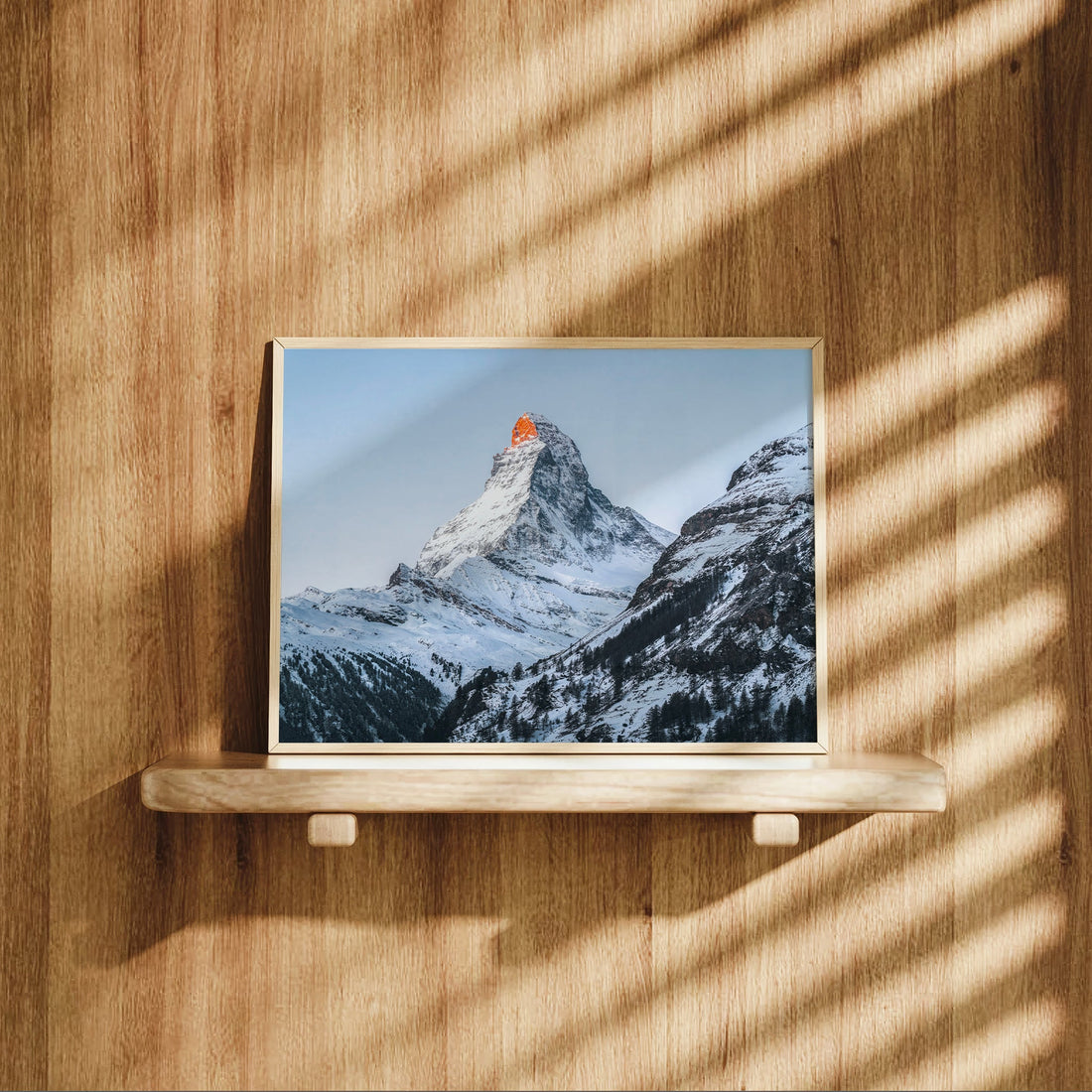 Elegant mountain wall decor with a fine art photo print of the Matterhorn in crisp winter tones.