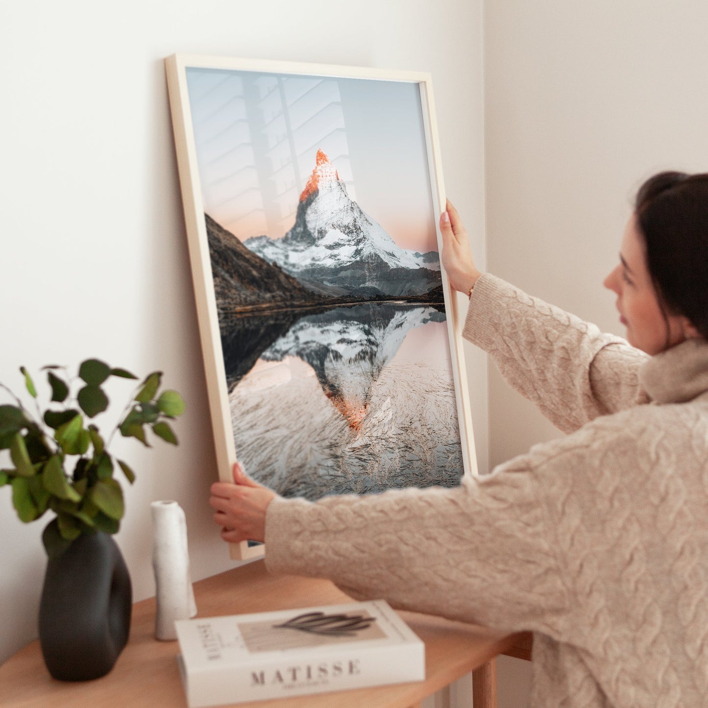 High-quality scenic artwork of Riffelsee’s still waters mirroring the snow-covered Matterhorn at sunrise.