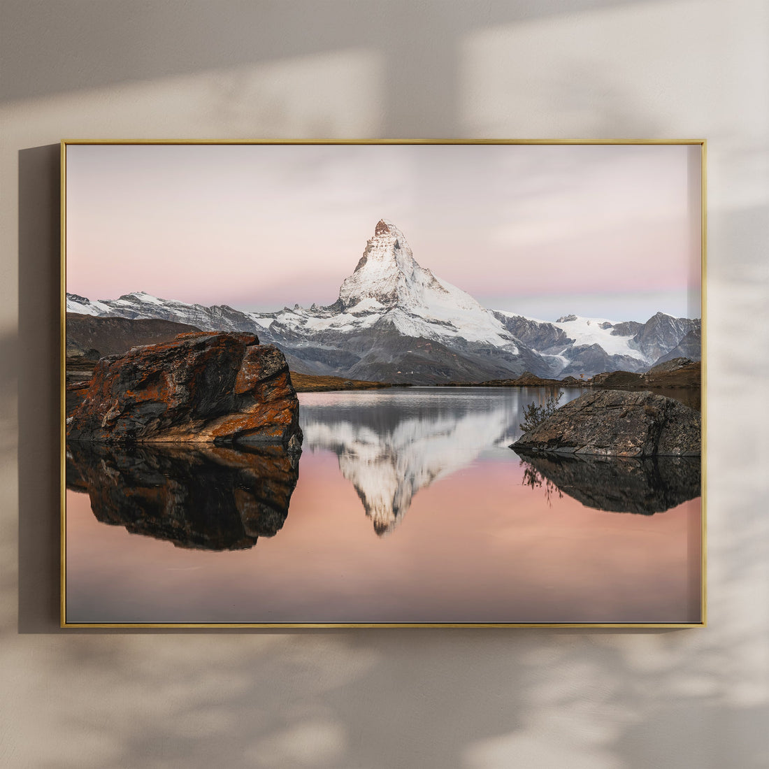 Matterhorn wall art print featuring Stellisee lake with a soft pink sunset and perfect mountain reflection.