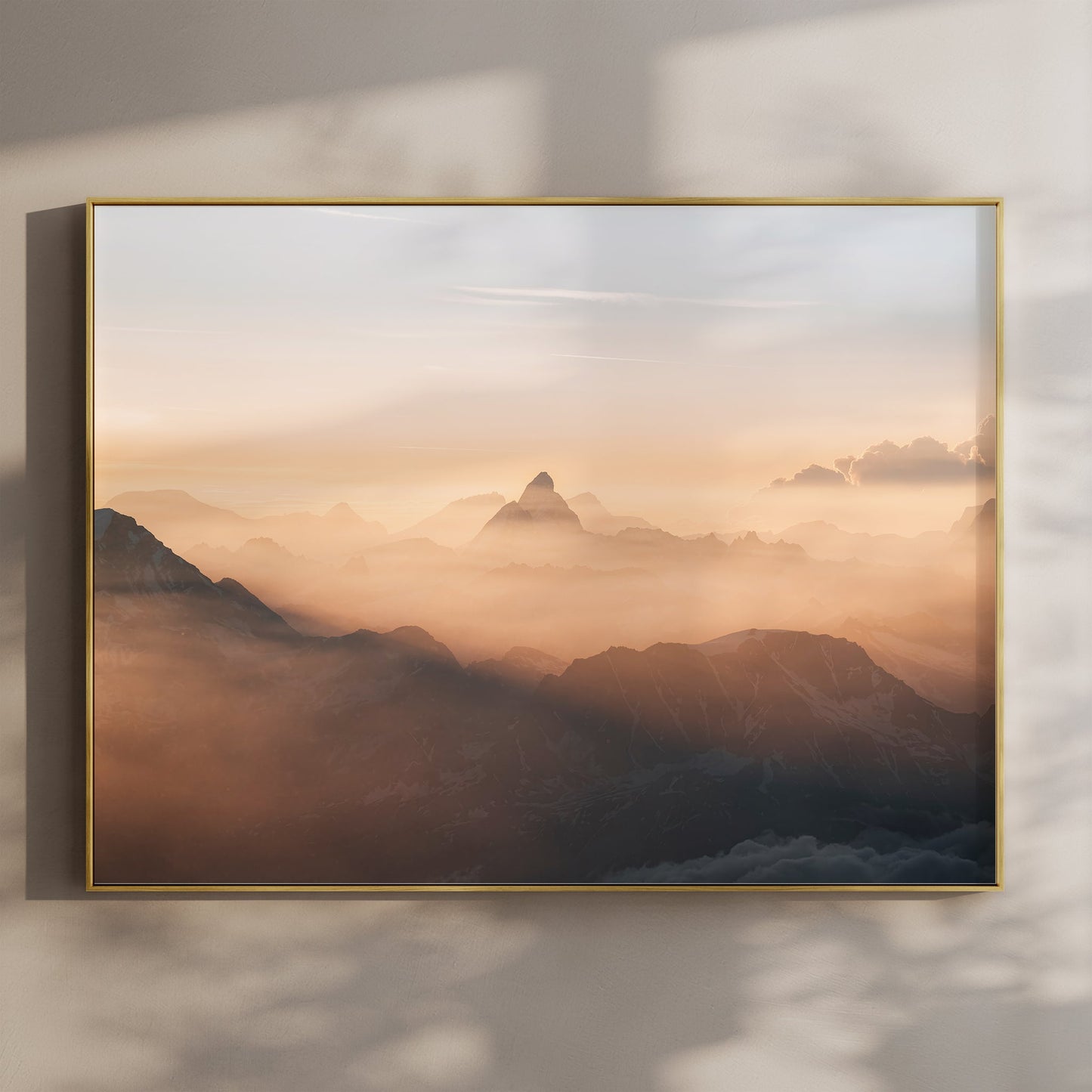 Serene Matterhorn wall art print with a soft sunrise glow over misty alpine peaks in the Swiss Alps.