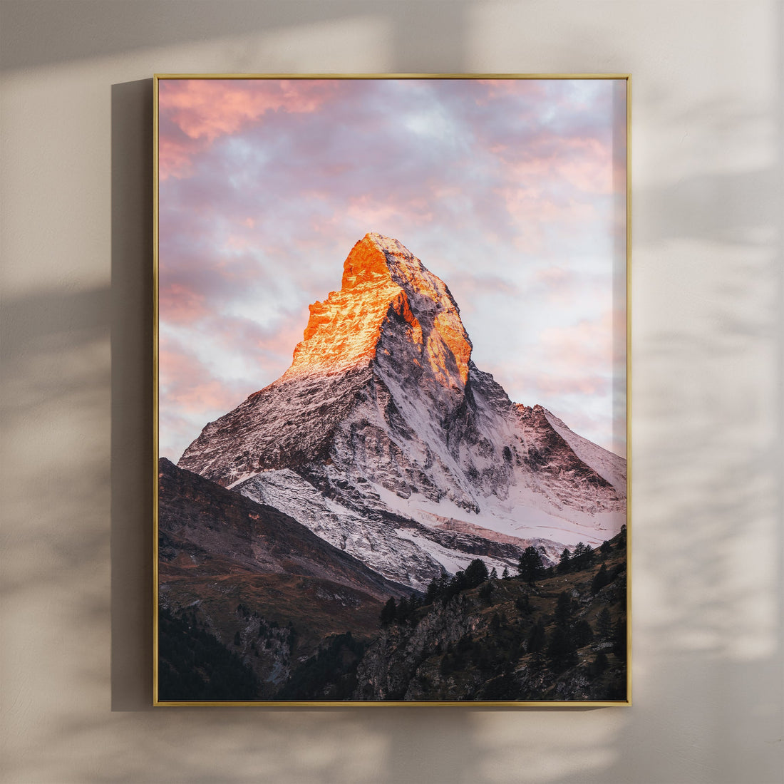 Stunning Matterhorn sunrise wall art capturing the golden glow on Switzerland’s iconic peak.