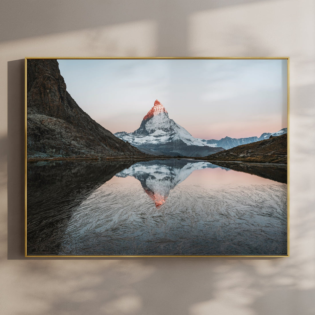 Fine art Matterhorn print showing a fiery alpine sunrise over the iconic Swiss peak and pastel skies.