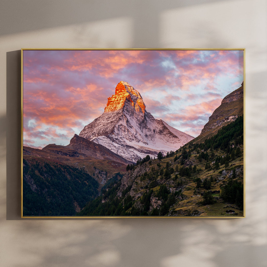 Striking Matterhorn sunset wall art print featuring golden light over the Swiss Alps’ iconic peak.
