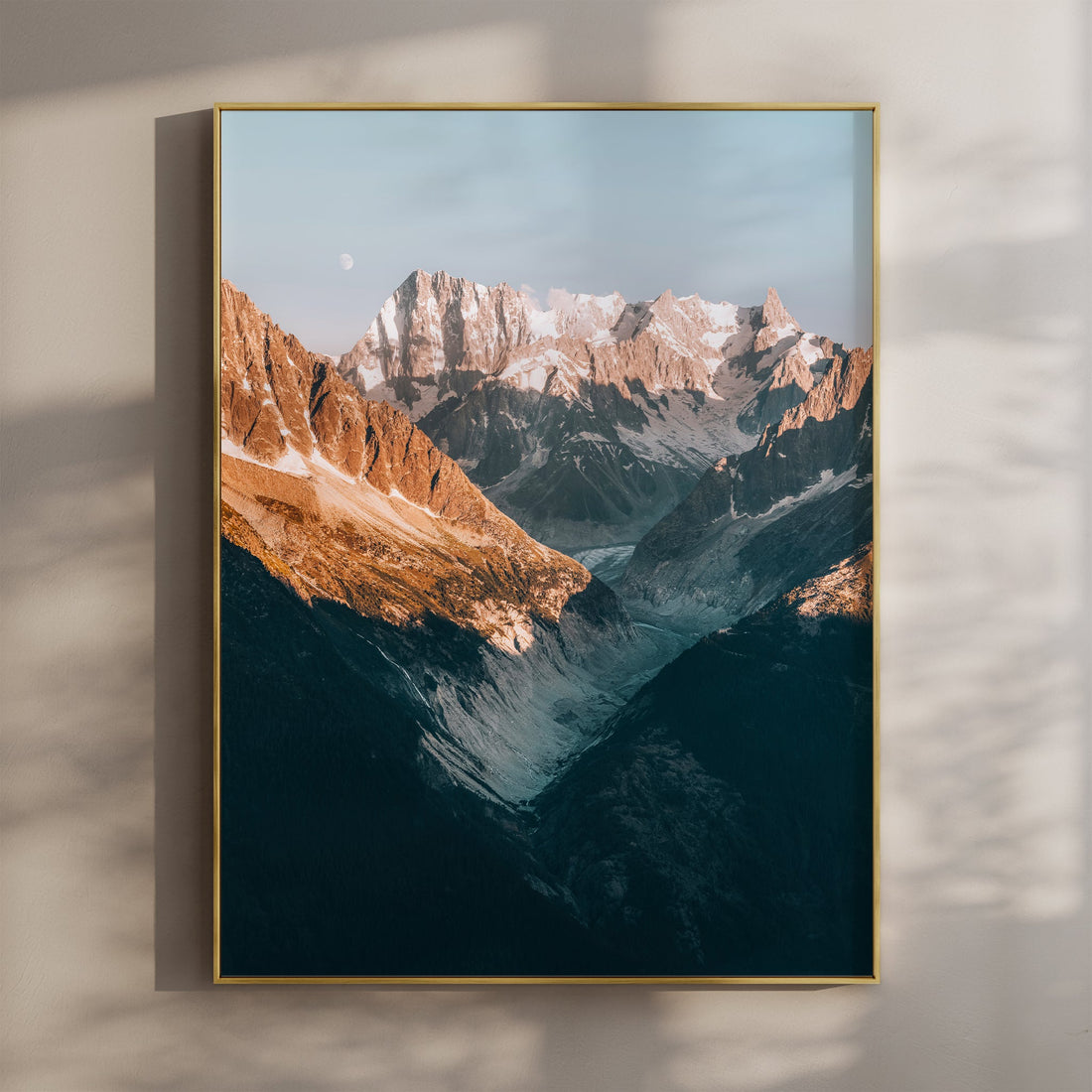 Stunning Mer de Glace & Grand Jorasses wall art print showcasing the majestic peaks of the French Alps at golden hour.