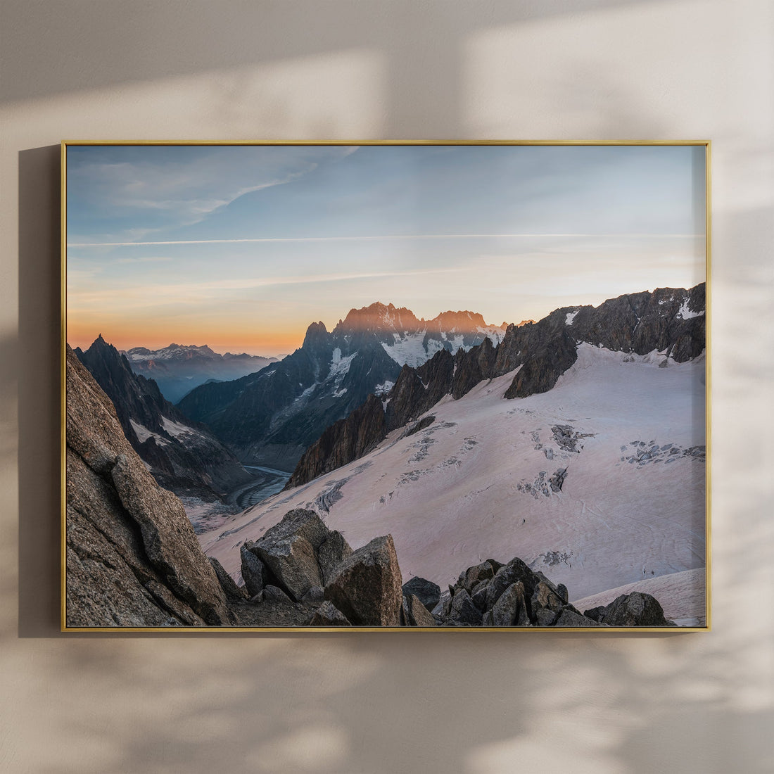 Sunset view of Mer de Glace wall art print featuring dramatic alpine light and glacier textures near Chamonix.