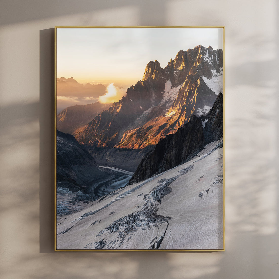 Stunning Mer de Glace wall art print capturing a golden sunrise over France’s longest glacier.