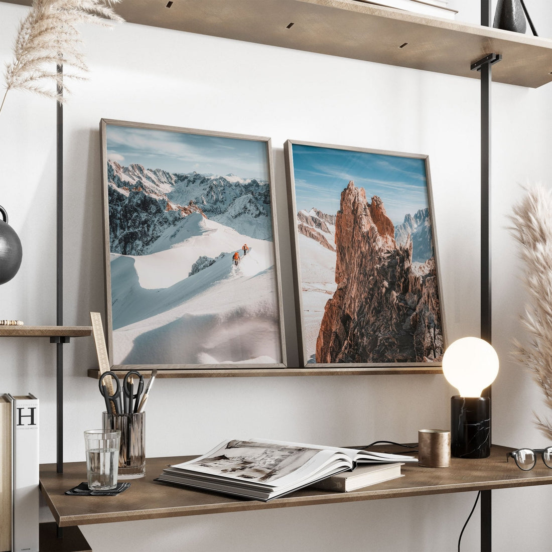 Minimalist office decor featuring Midi Arête and Aiguille d'Entrèves framed prints