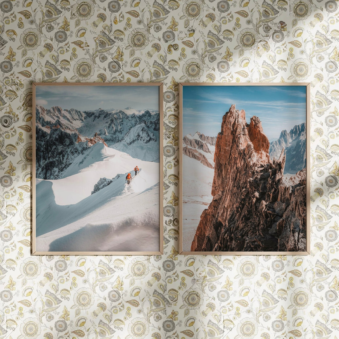 Stylish gallery wall with alpine photography showcasing Midi Arête and Aiguille d'Entrèves