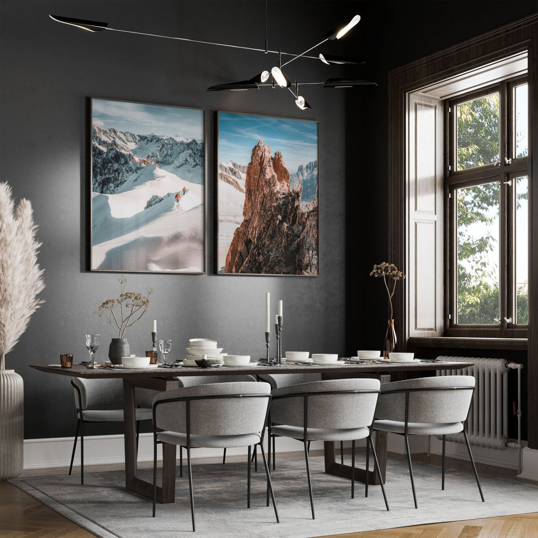 Dining room with elegant framed mountain photography of Midi Arête and Aiguille d'Entrèves