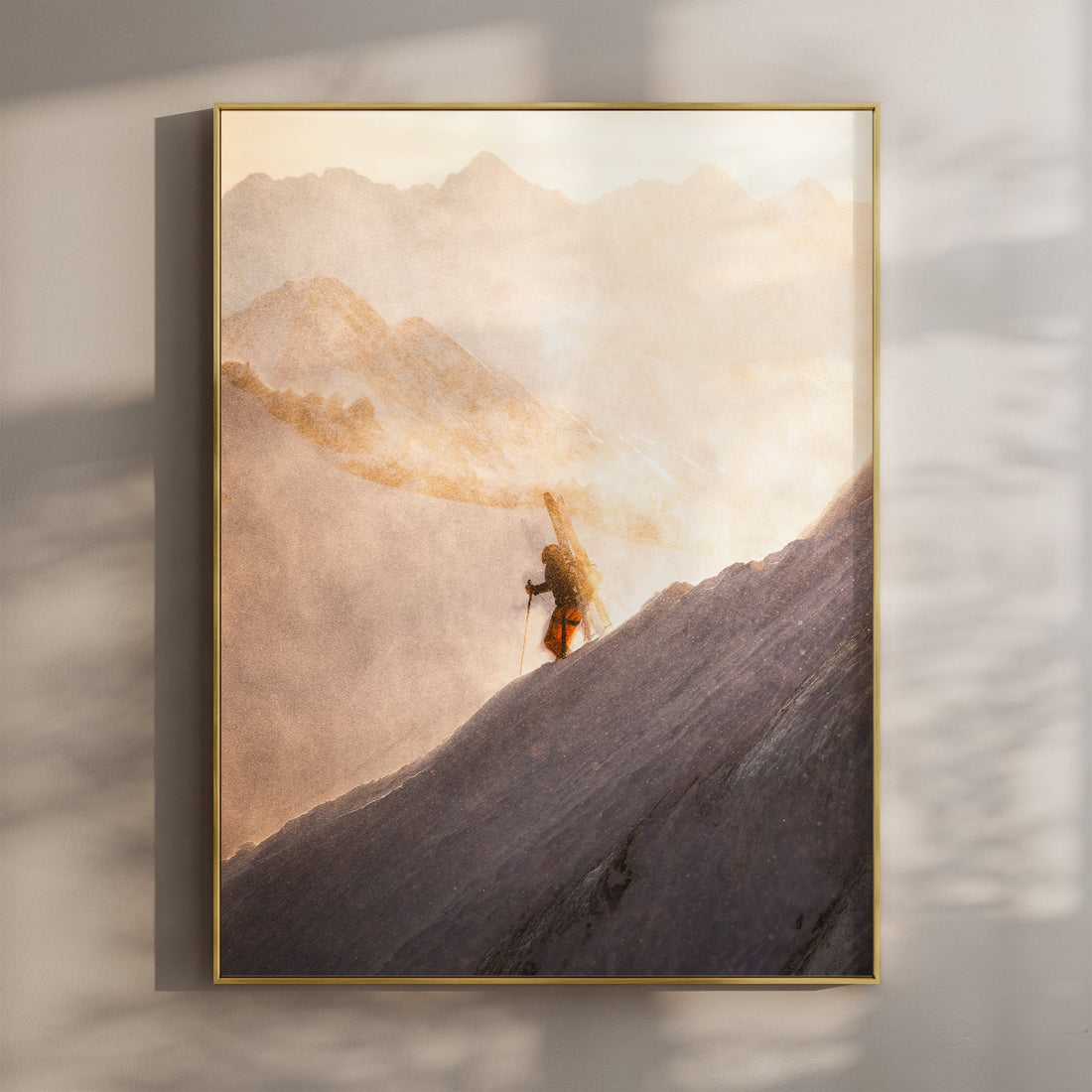 Stunning wall art of mountaineers ascending Midi Arete in the French Alps, bathed in golden light.