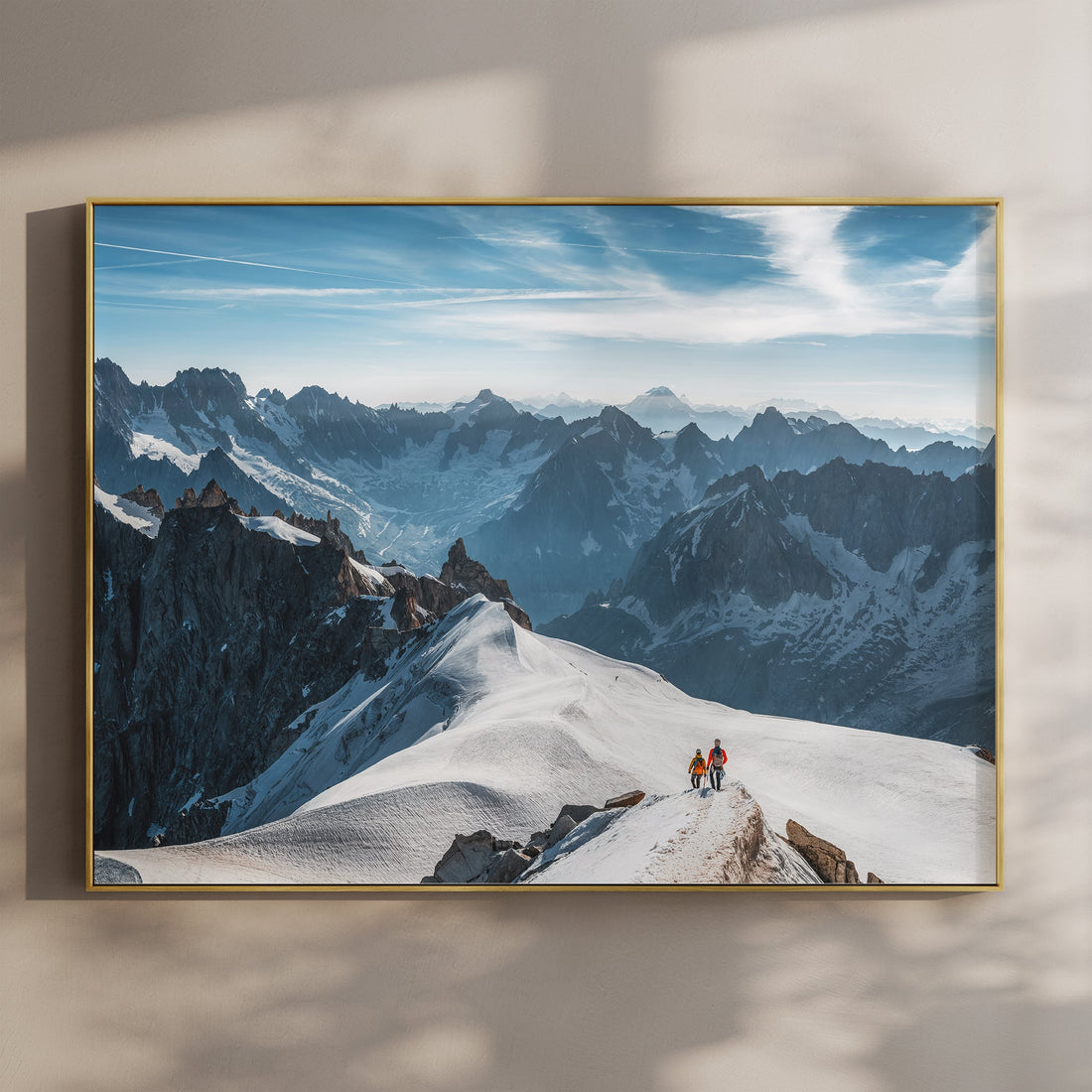 Midi Arête Chamonix wall art print showing skiers walking along a snowy alpine ridge with sweeping mountain views.