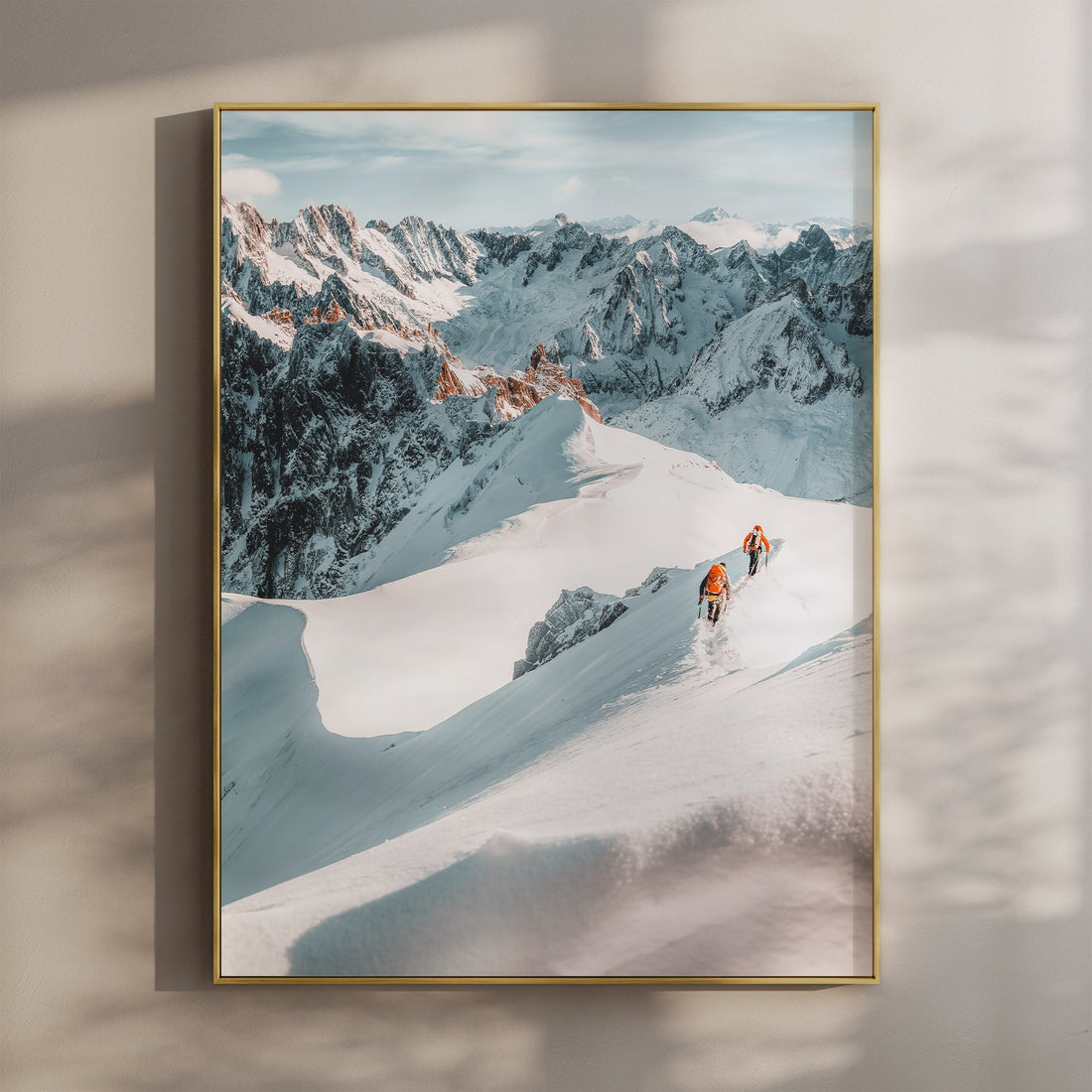 Stunning mountaineering wall art featuring climbers on Midi Arête, Vallée Blanche, with breathtaking alpine peaks.