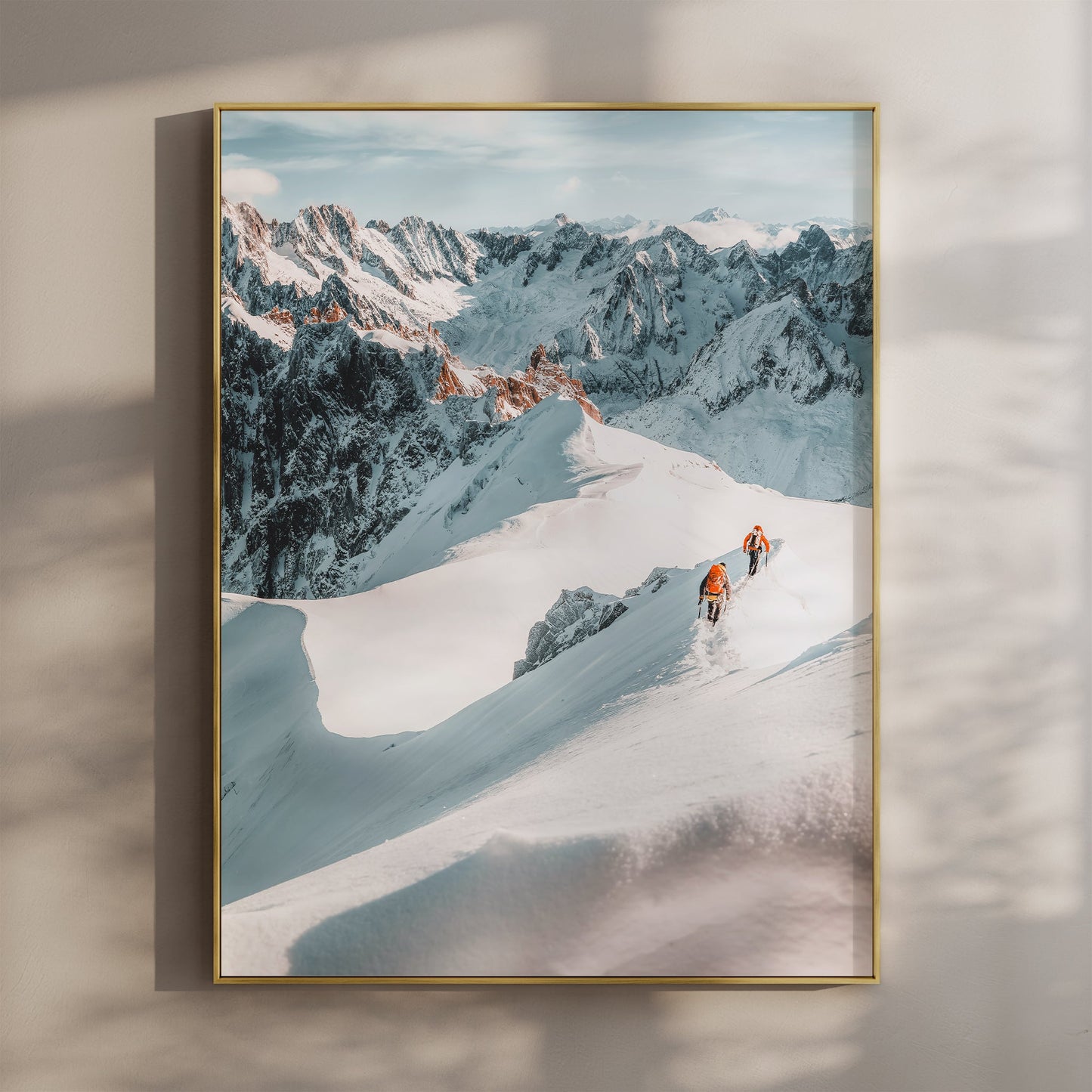 Stunning mountaineering wall art featuring climbers on Midi Arête, Vallée Blanche, with breathtaking alpine peaks.