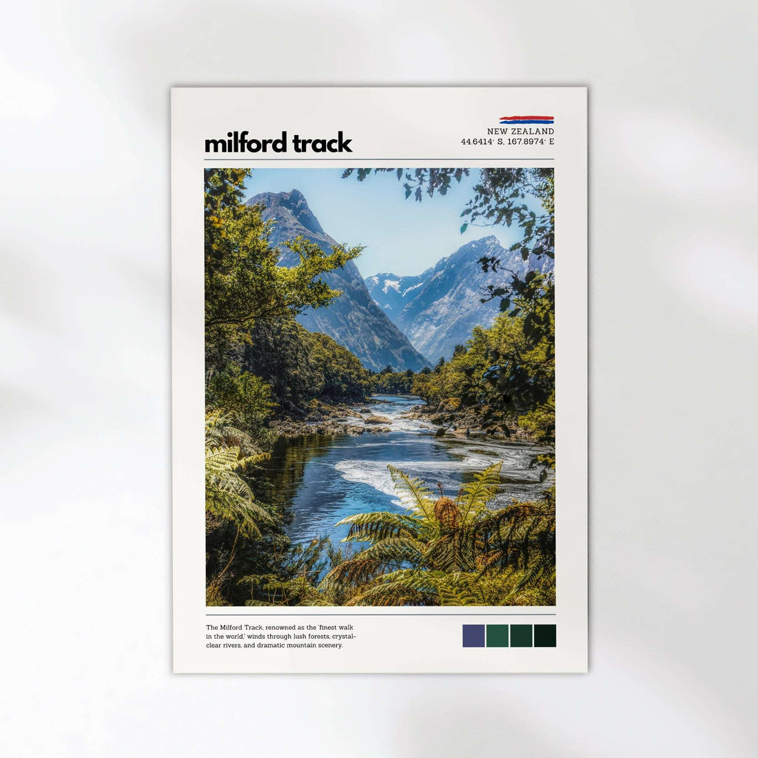 Milford Track landscape photography print showing alpine mountains, river, and native forest in Fiordland National Park