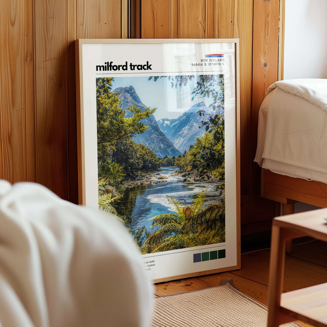 Milford Track nature wall art print styled in a bedroom interior with natural light