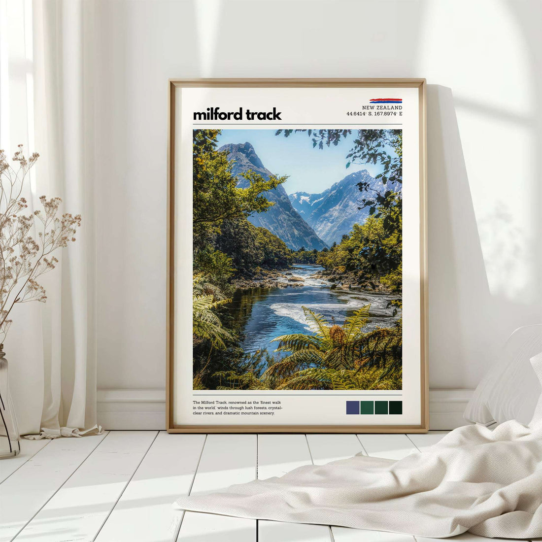 Milford Track New Zealand wall art print in a bright minimalist interior setting