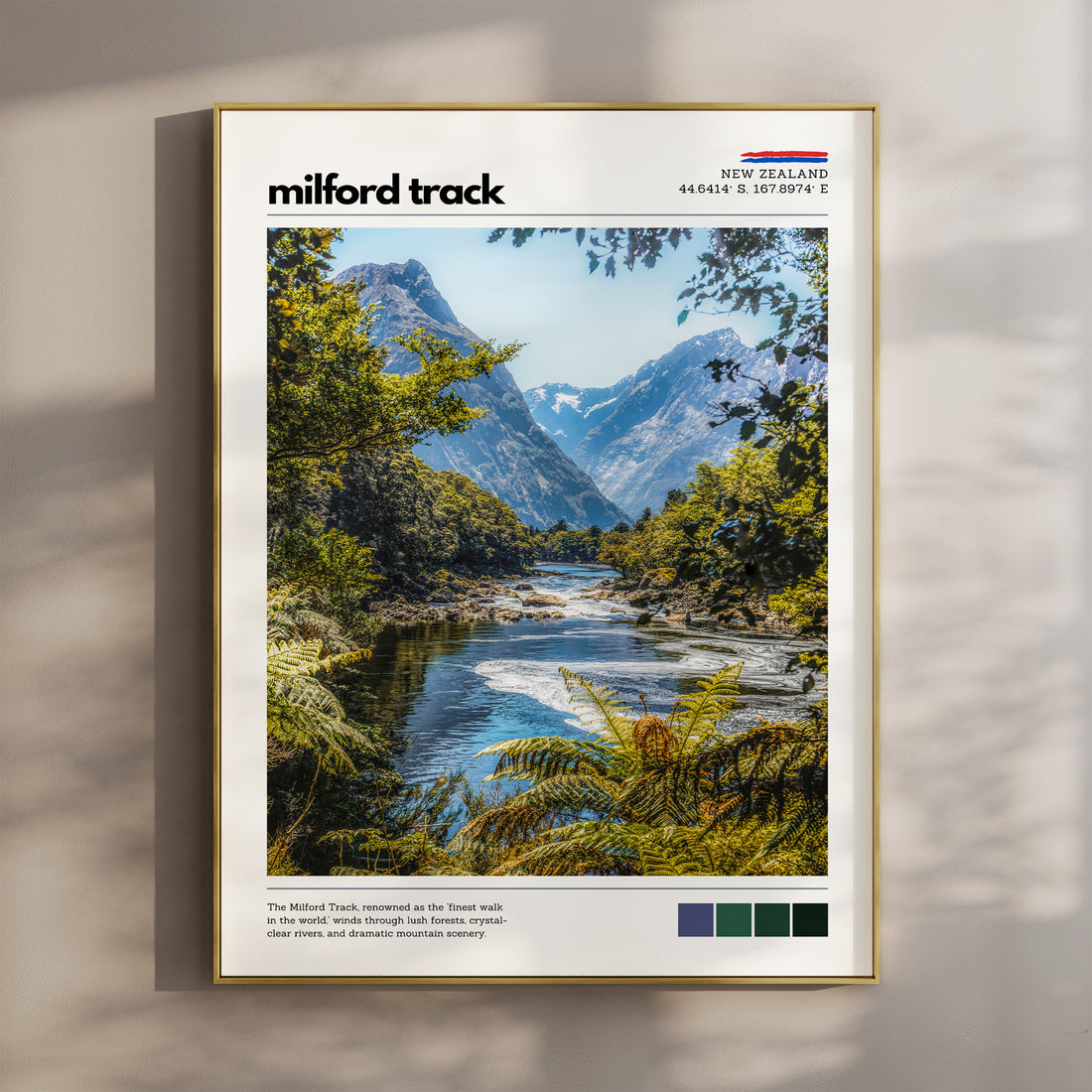 Milford Track wall art print featuring a river winding through Fiordland forest and mountain scenery in New Zealand