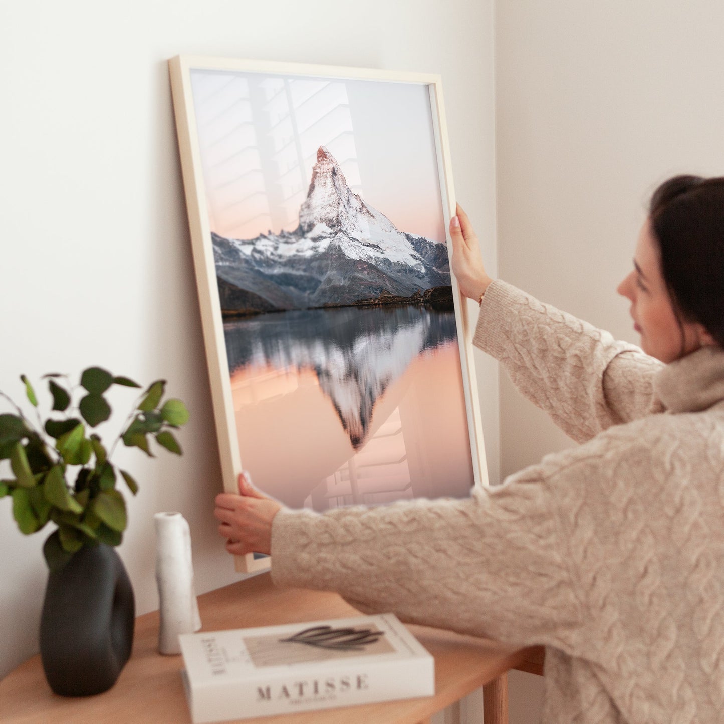 Minimalist art print of the Matterhorn’s sharp peak reflecting in the glassy waters of Stellisee lake.